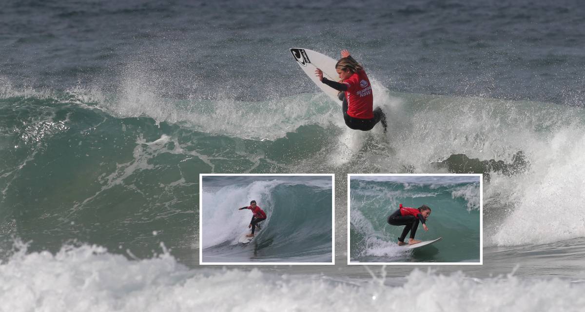Riding high: Cronulla's Jordy Turansky takes the u18 boys final (main),Kash Brown the u12 boys (left) and Grace Gosby the u12 girls at the the Ocean & Earth Regional Southern Surfing Titles at the Alley. Pictures:John Veage